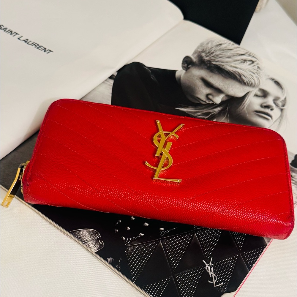 Yves Saint Laurent Red Leather Wallet with Gold Logo